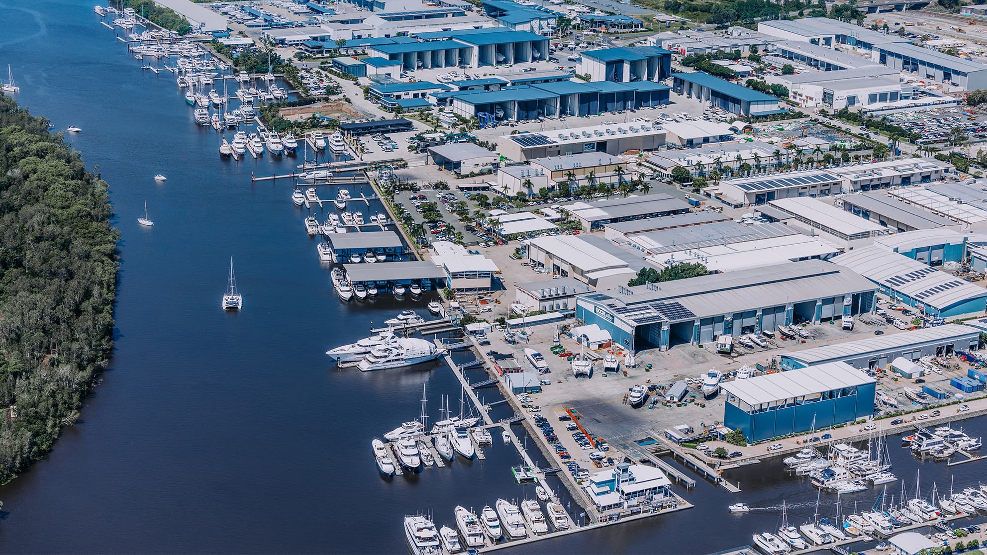 Boats docked at Coomera Marine Precinct.
