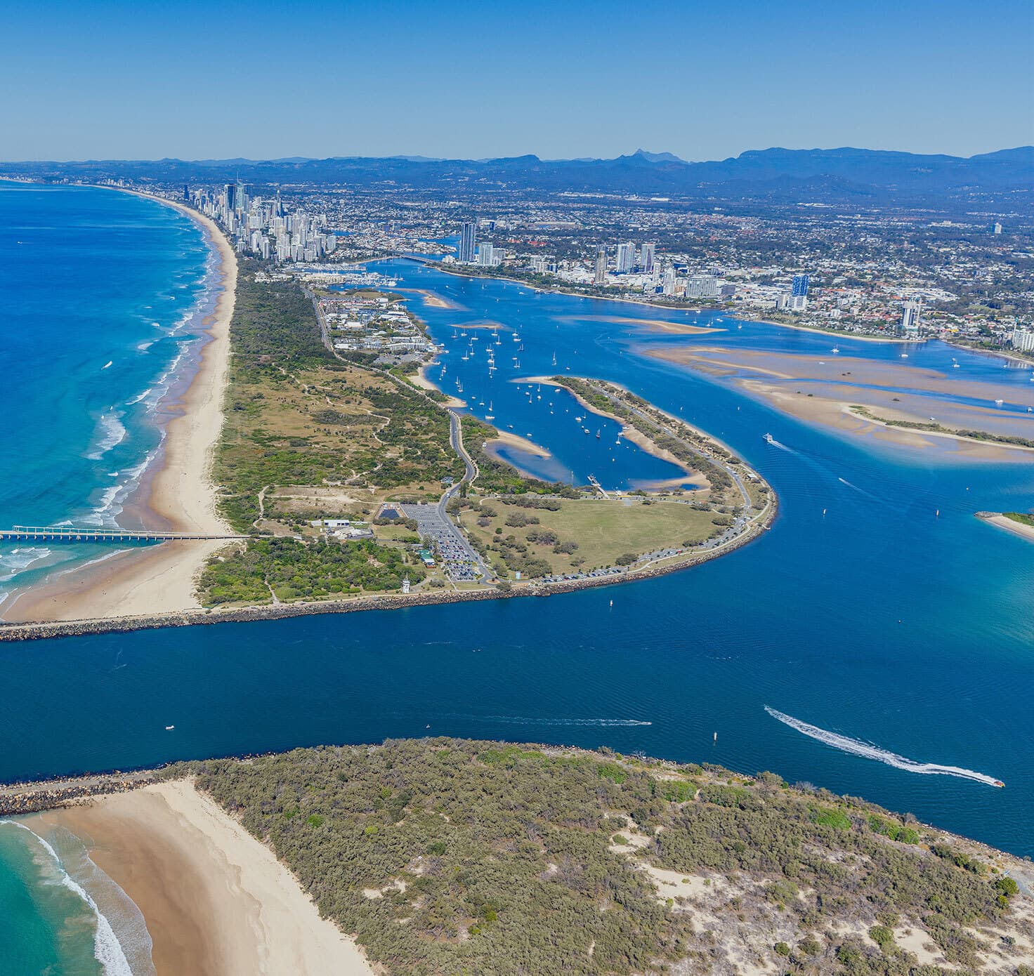 Aerial view of The Spit entrance at The Broadwater.