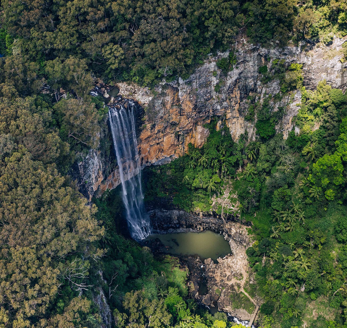 Aerial view of Purling Brook Falls in the Gold Coast Hinterland.