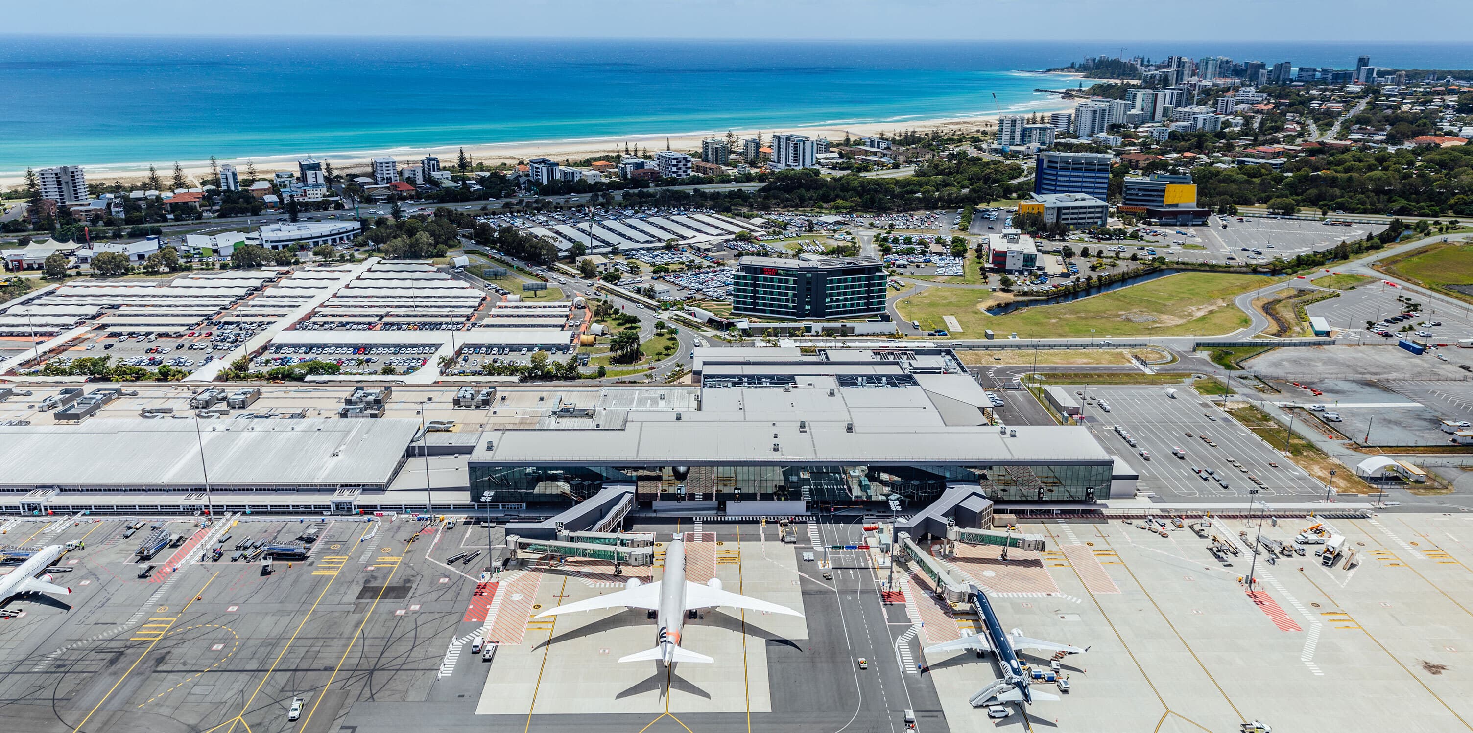 Aerial view of Gold Coast airport and southern Gold Coast.