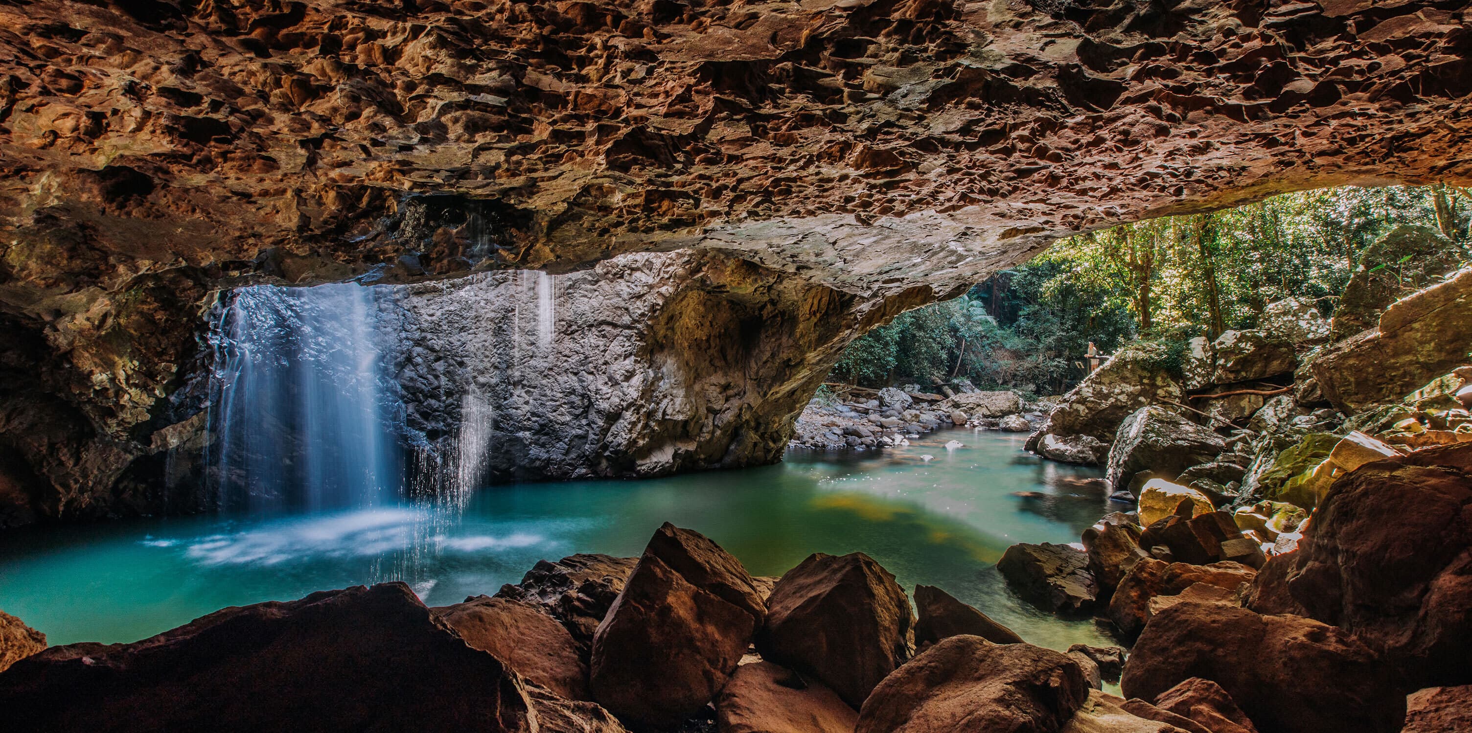 Waterfall at the Natural Bridge in Gold Coast Hinterland.