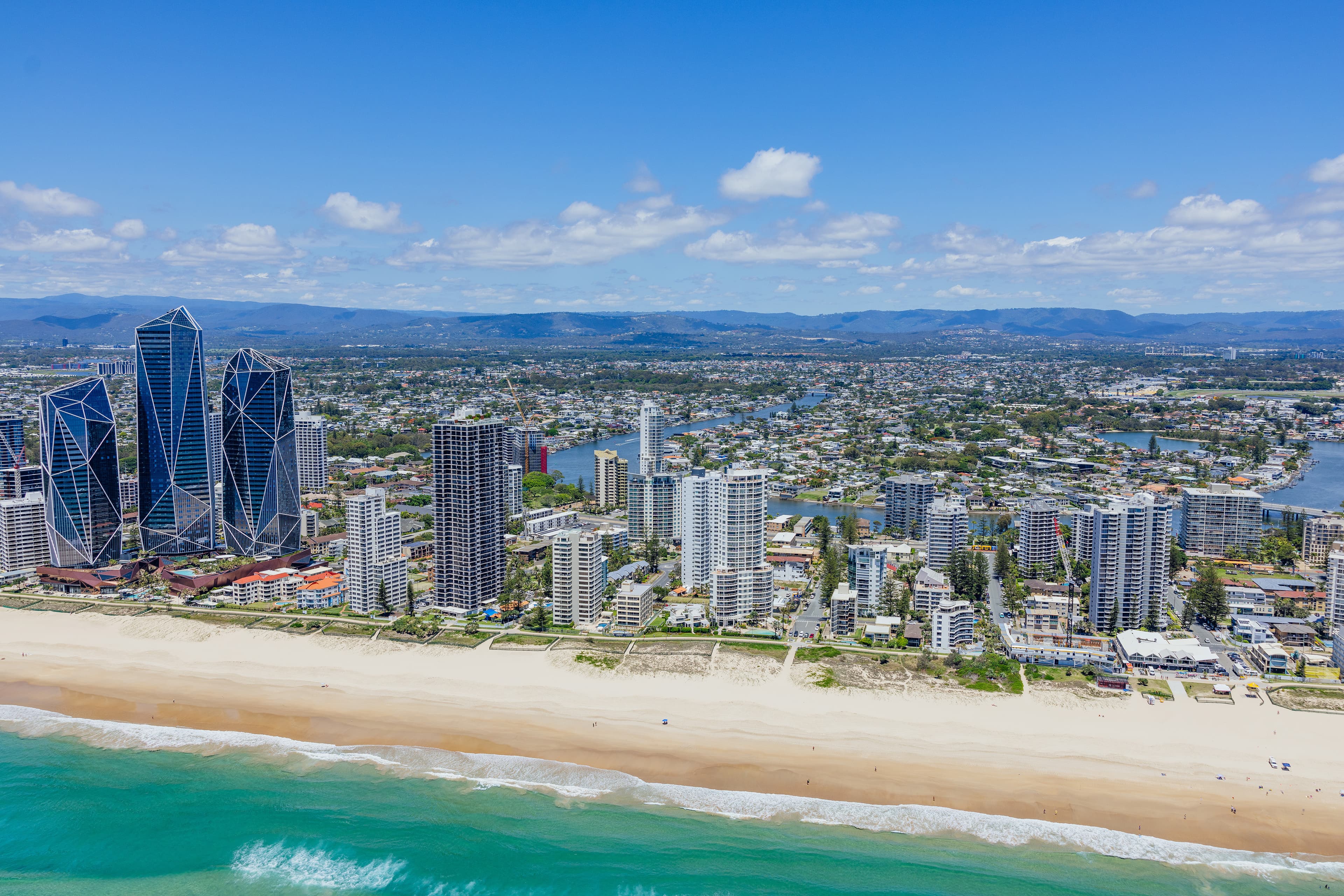 Aerial view of Surfers Paradise Beach and skyline.