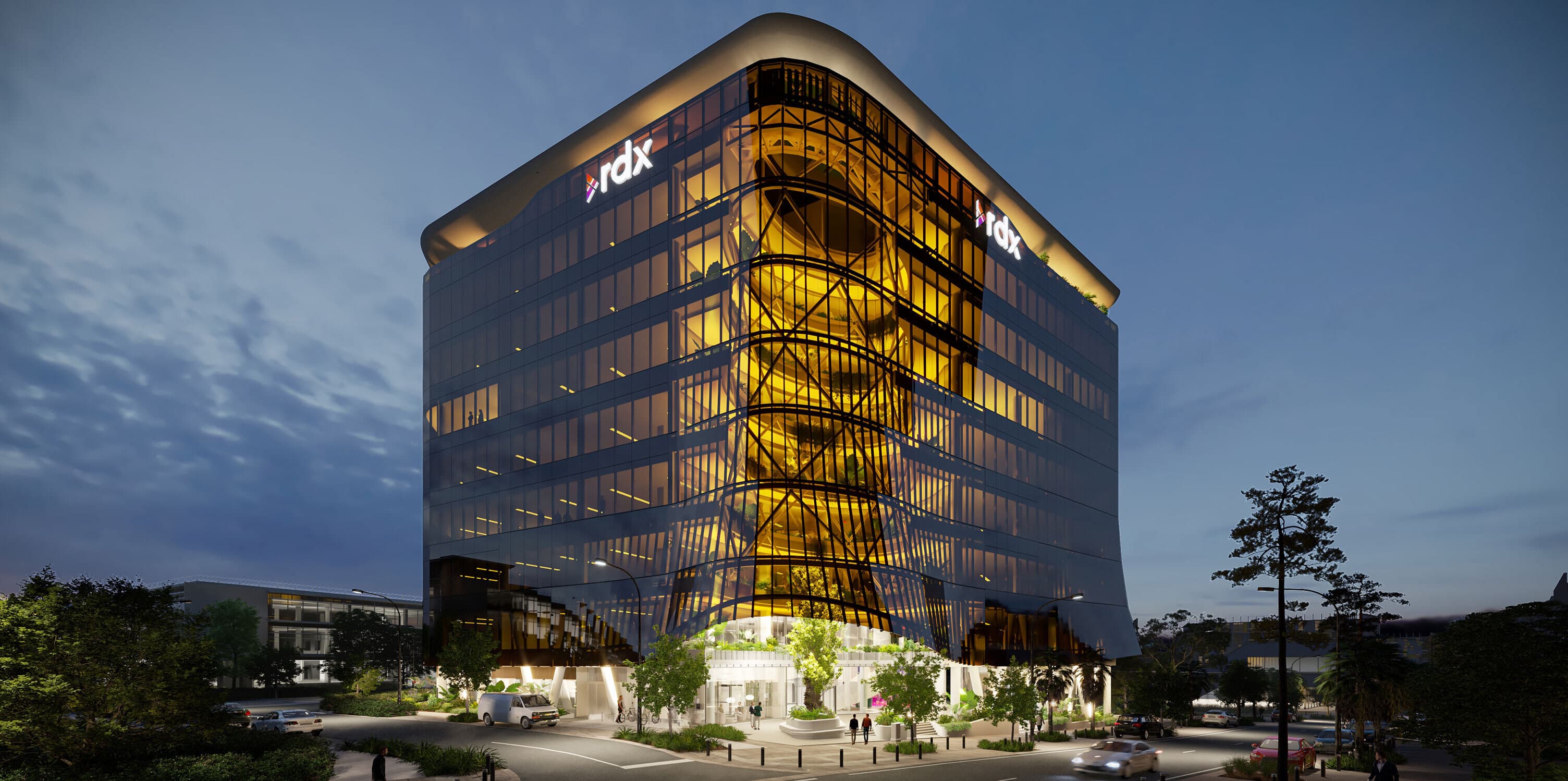 Render of a Gold Coast building lit up at night.