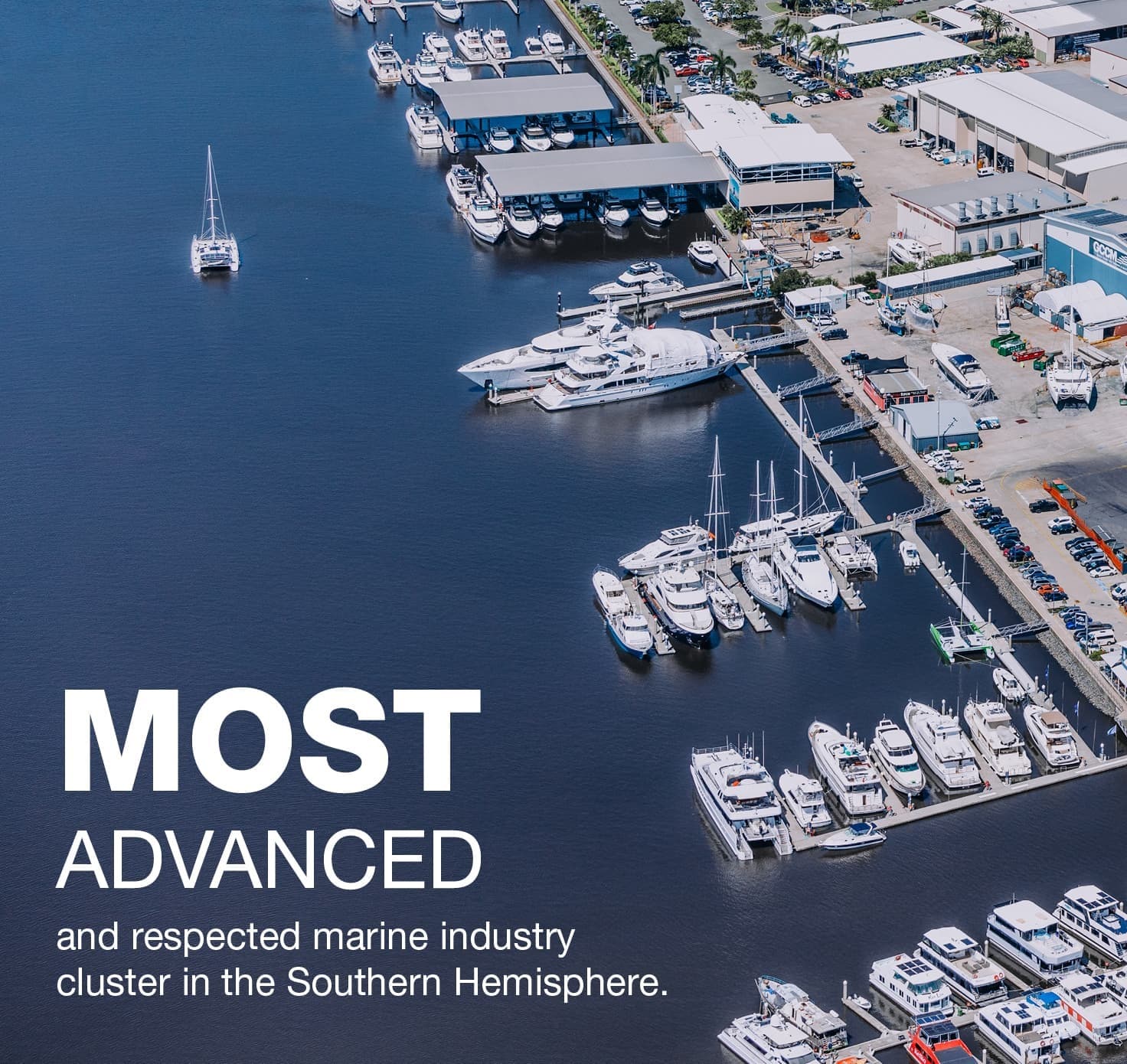 Boats docked at marina. Text reads: Most advanced and respected marine industry cluster in the southern hemisphere.