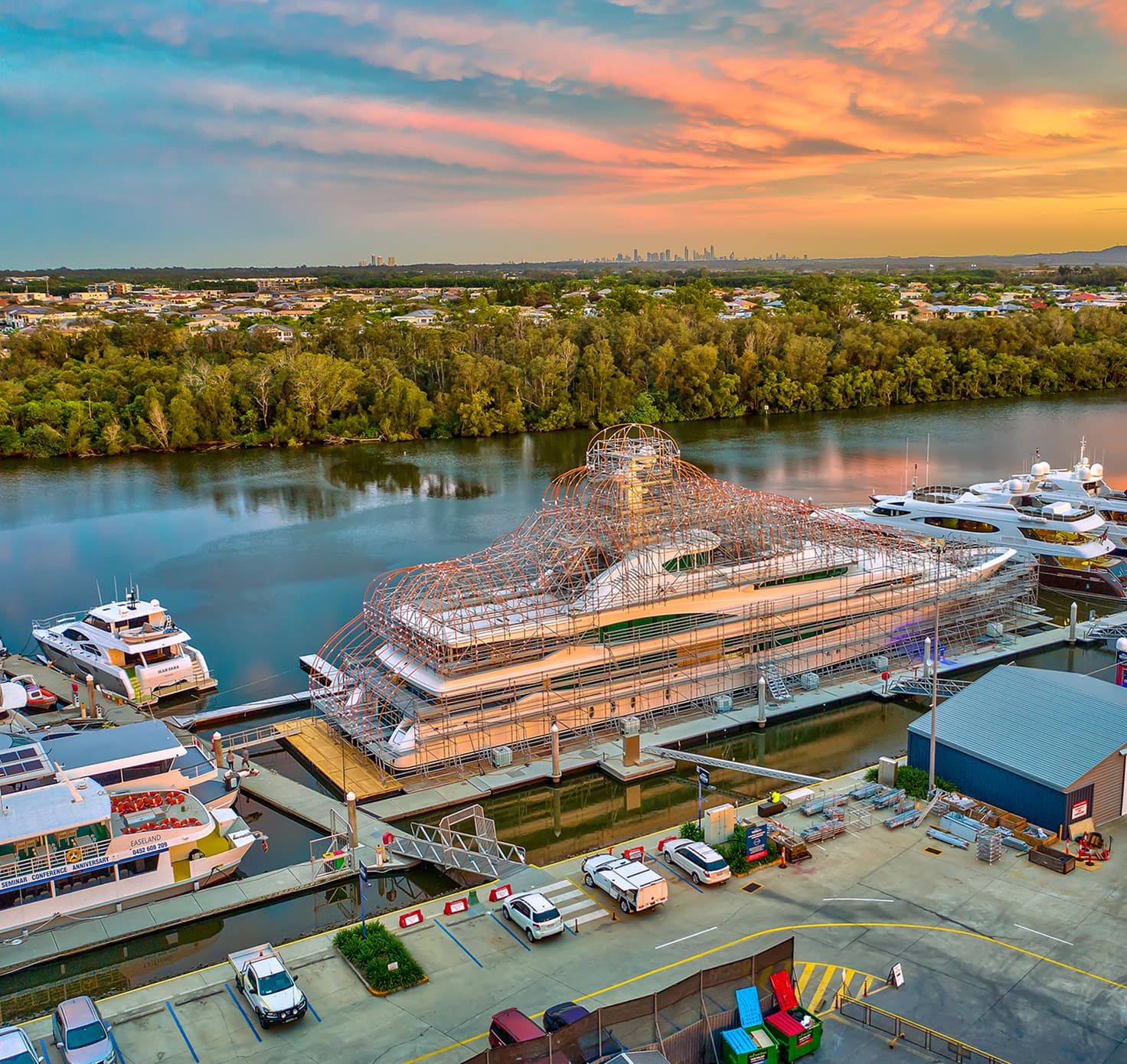 A superyacht docked.