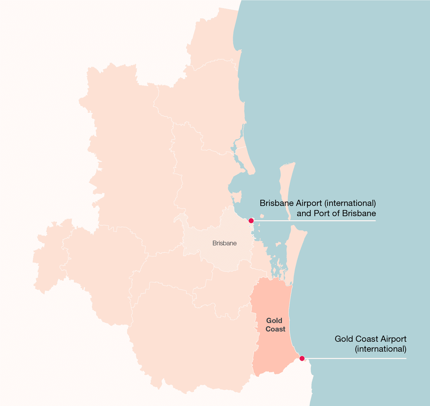 Map of Southeast Queensland showing Brisbane region, Brisbane Airport, Gold Coast region and Gold Coast airport.