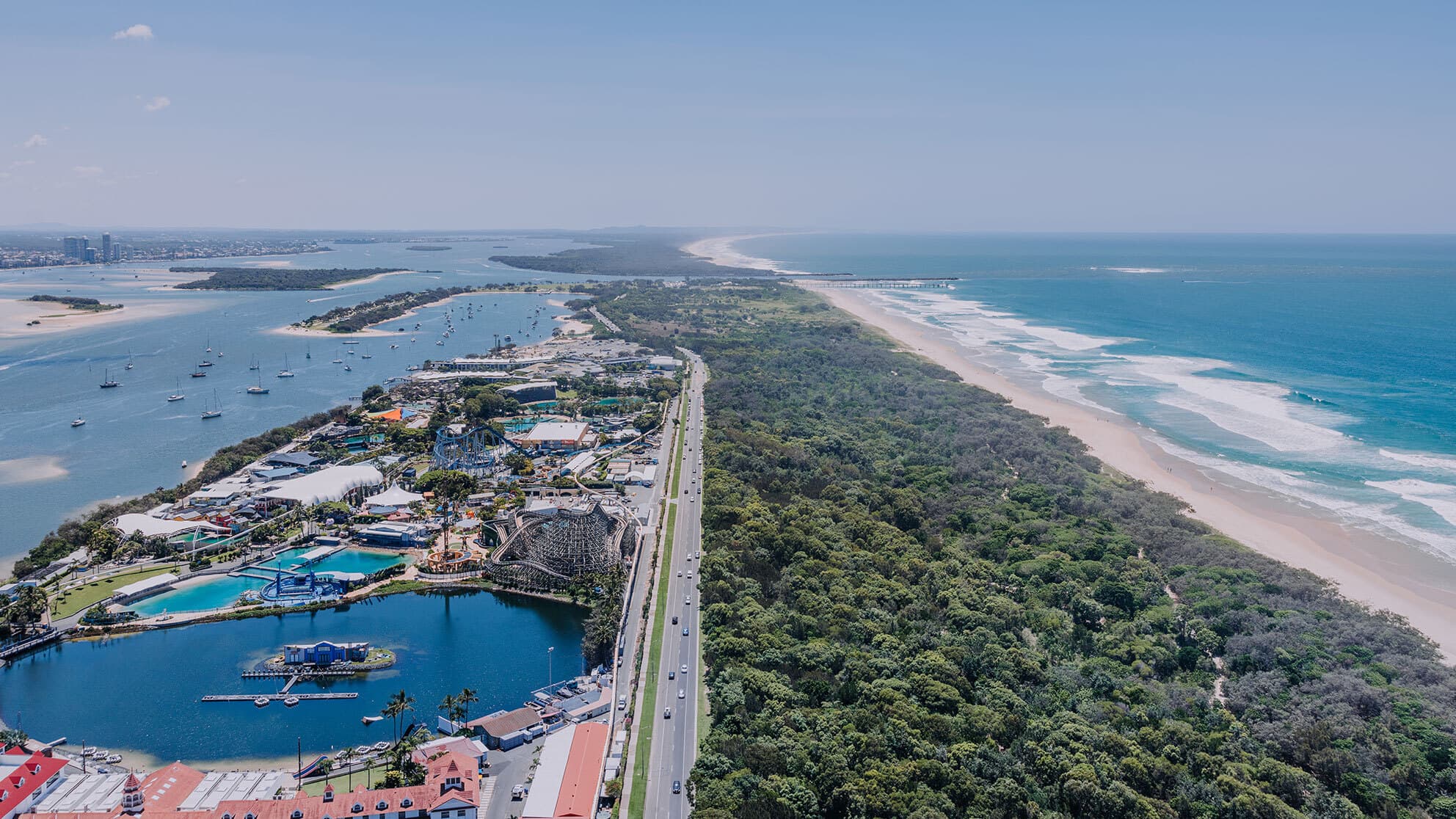 Aerial view of SeaWorld and the green space and waterways around it.