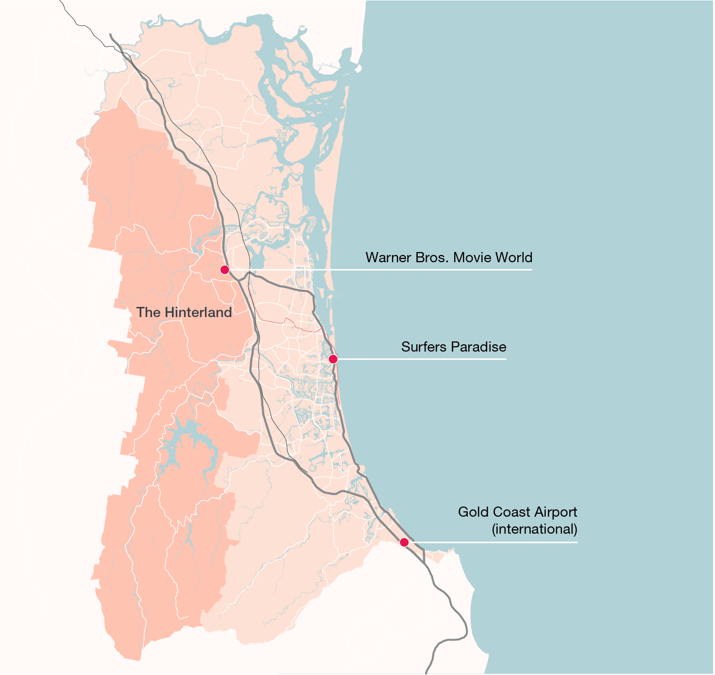 Map of Gold Coast showing the hinterland location.